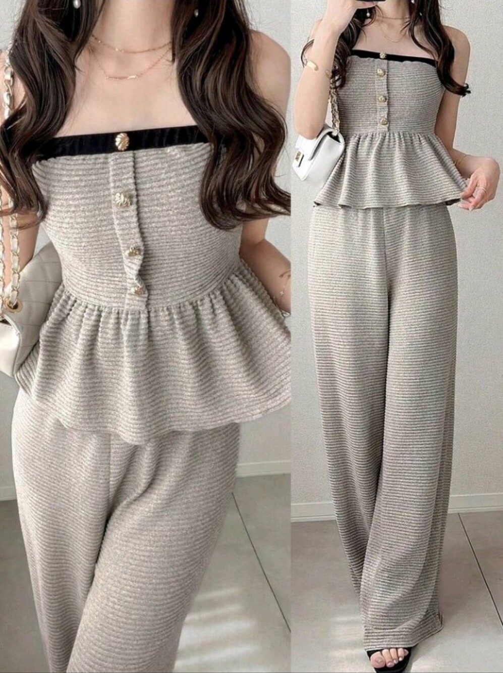 Women's Bandeau Top With Contrast Trim And Ruffle Hem, Loose Wide Leg Pants